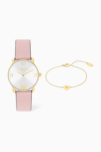 طقم ساعة إيليوت كوارتز جلد وسوار، 28 مم