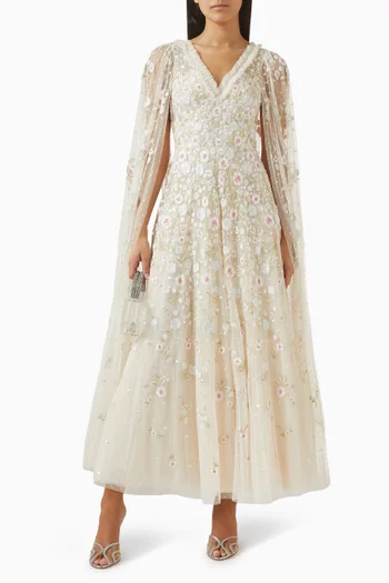 Ethereal Blooms Cape-sleeve Ankle Gown