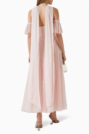 فستان سكالوب بأربطة حول الرقبة ومطرز بالترتر