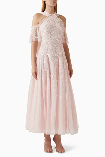 فستان سكالوب بأربطة حول الرقبة ومطرز بالترتر