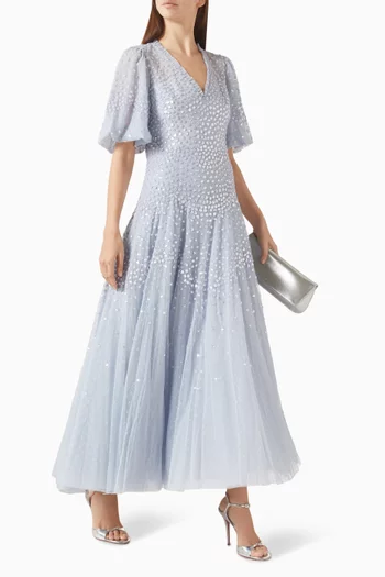 فستان سكالوب بطول الكاحل ومطرز بالترتر