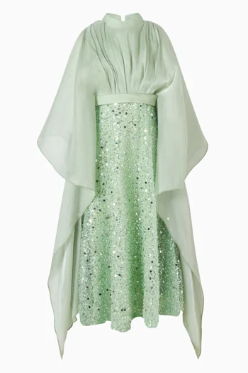 فستان طويل بكاب ومطرز بالترتر