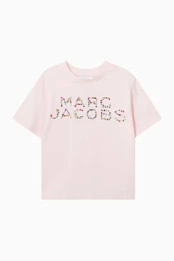 تي شيرت قطن مزين بشعار الماركة وكريستال