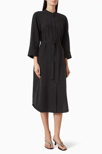 Belted Collarless Midi Shirt Dress