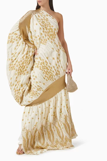 فستان سهرة بكتف مكشوف ونقشة زهور