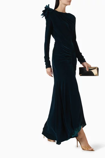 فستان بكشكش وزهرة بارزة مخمل