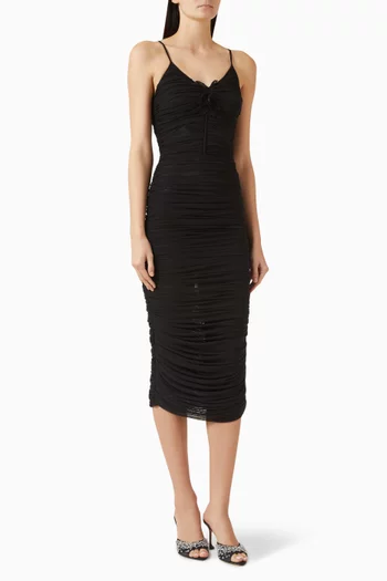 Rose-embroidered Ruched Dress