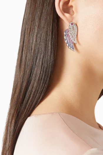 Wings Embrace Bird of Paradise Sapphire & Diamond Drop Earrings in 18kt White Gold