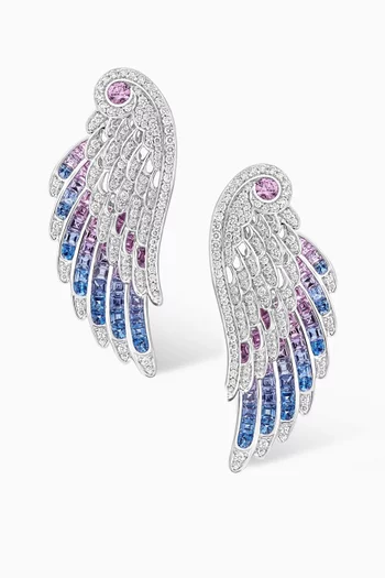 Wings Embrace Bird of Paradise Sapphire & Diamond Drop Earrings in 18kt White Gold