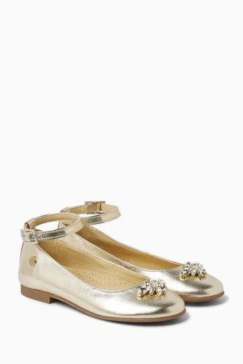 حذاء باليرينا مرصع بأحجار الراين بكعب مسطح جلد