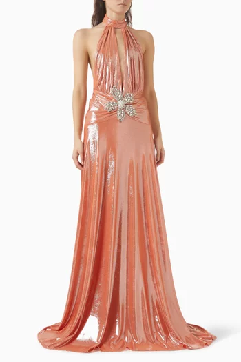 Ruched Crystal Flower Gown