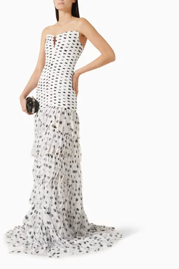 Polka Dot Pleated Gown in Organza & Chiffon