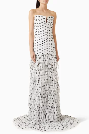 Polka Dot Pleated Gown in Organza & Chiffon