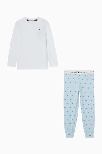 طقم بيجاما بحواف مطوية وشعار الماركة قطن مطاطي