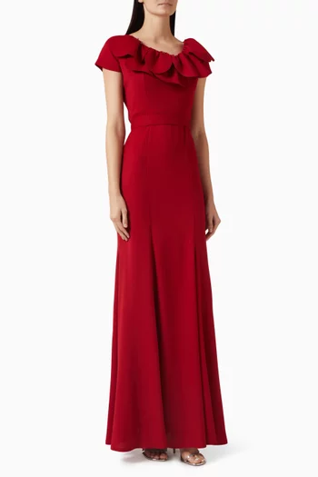 فستان بياقة مزينة بتطريزات بتلات زهور