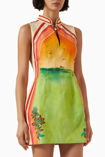 Golden Break High Neck Lantern Mini Dress in Cotton & Silk