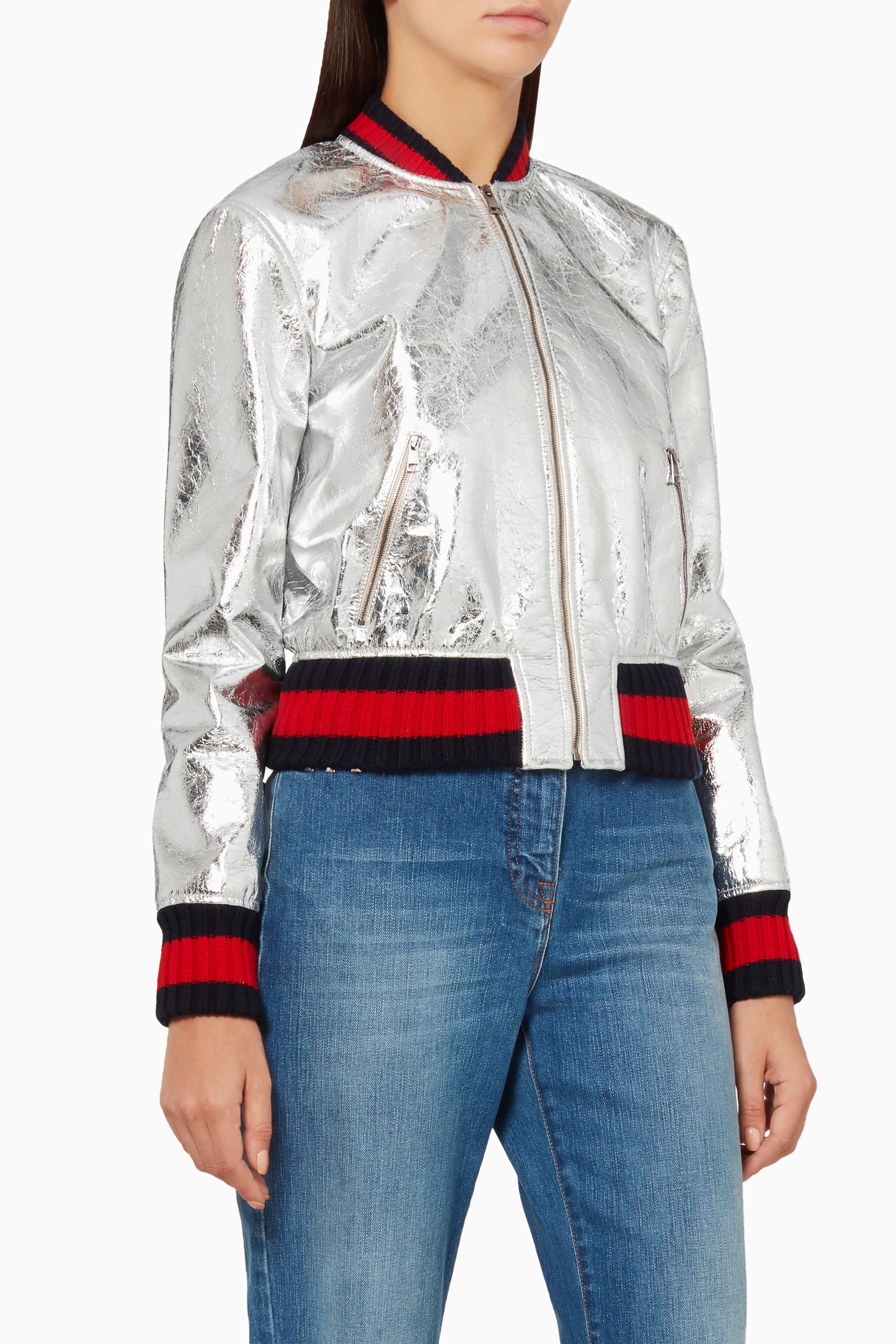 Buy Gucci Silver Silver Metallic Crackled Leather Bomber Jacket