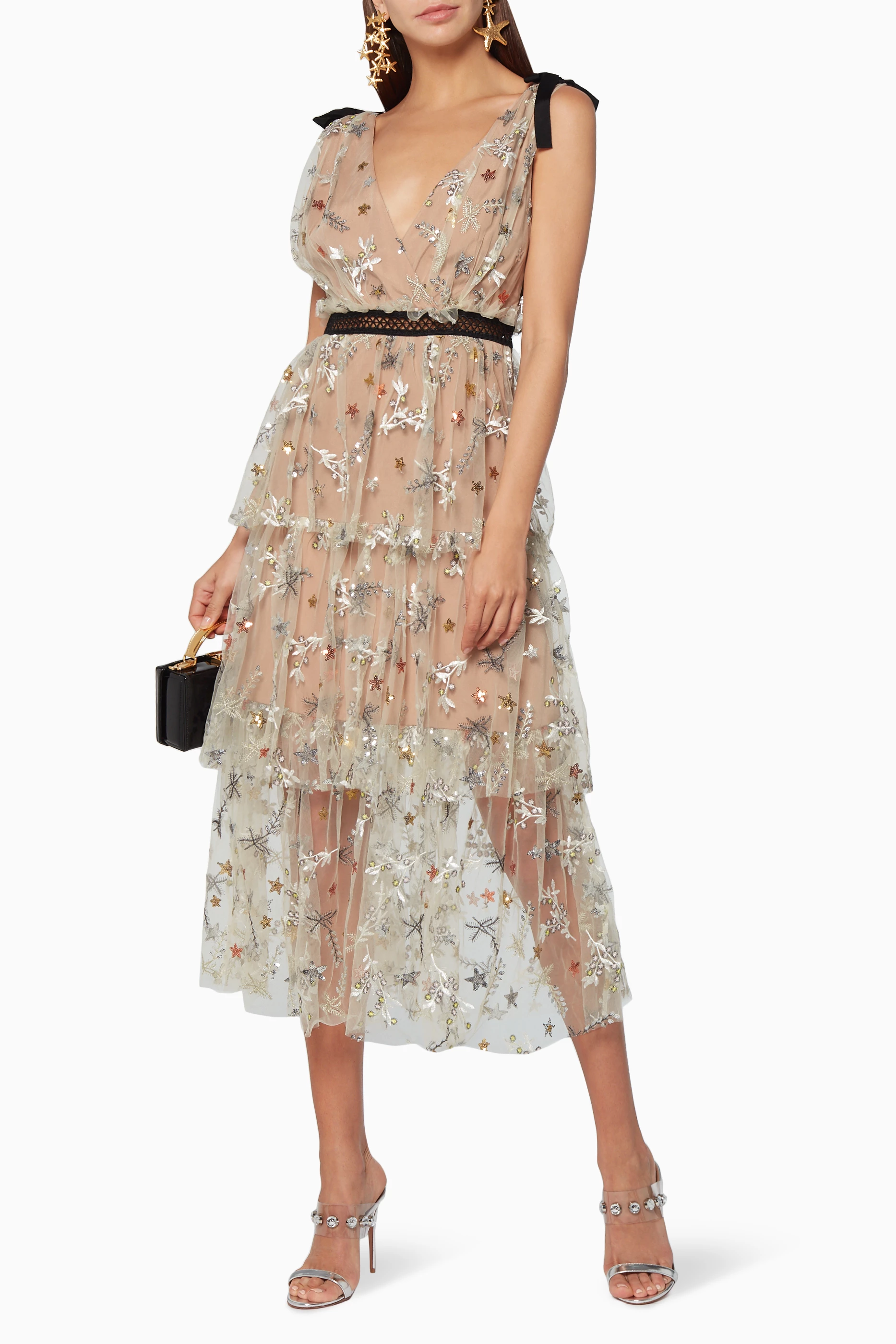 Buy Self Portrait Multicolour Beige Star Mesh Midi Dress for Women