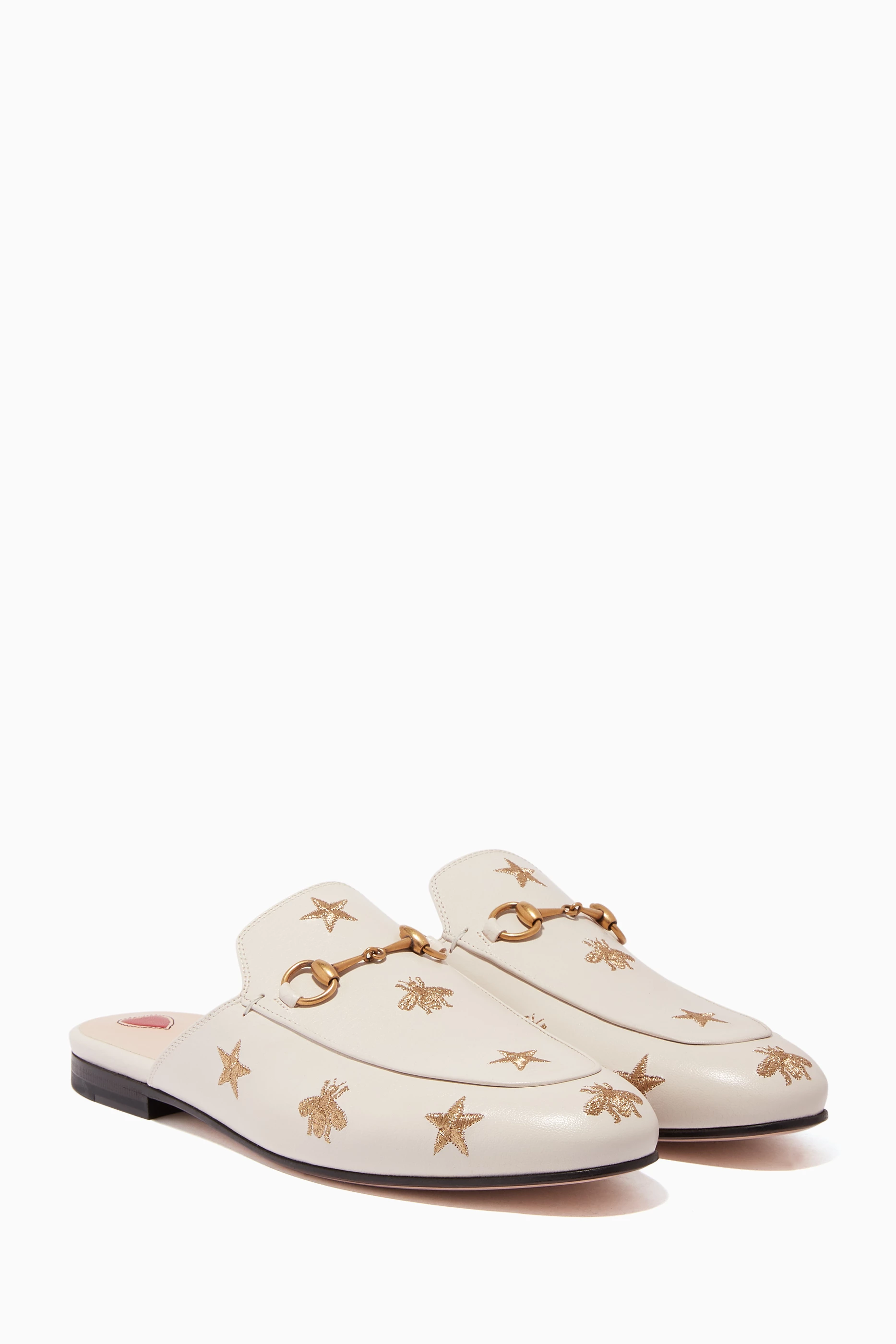 Buy Gucci White Ivory Bee Star Embroidered Princetown Slippers