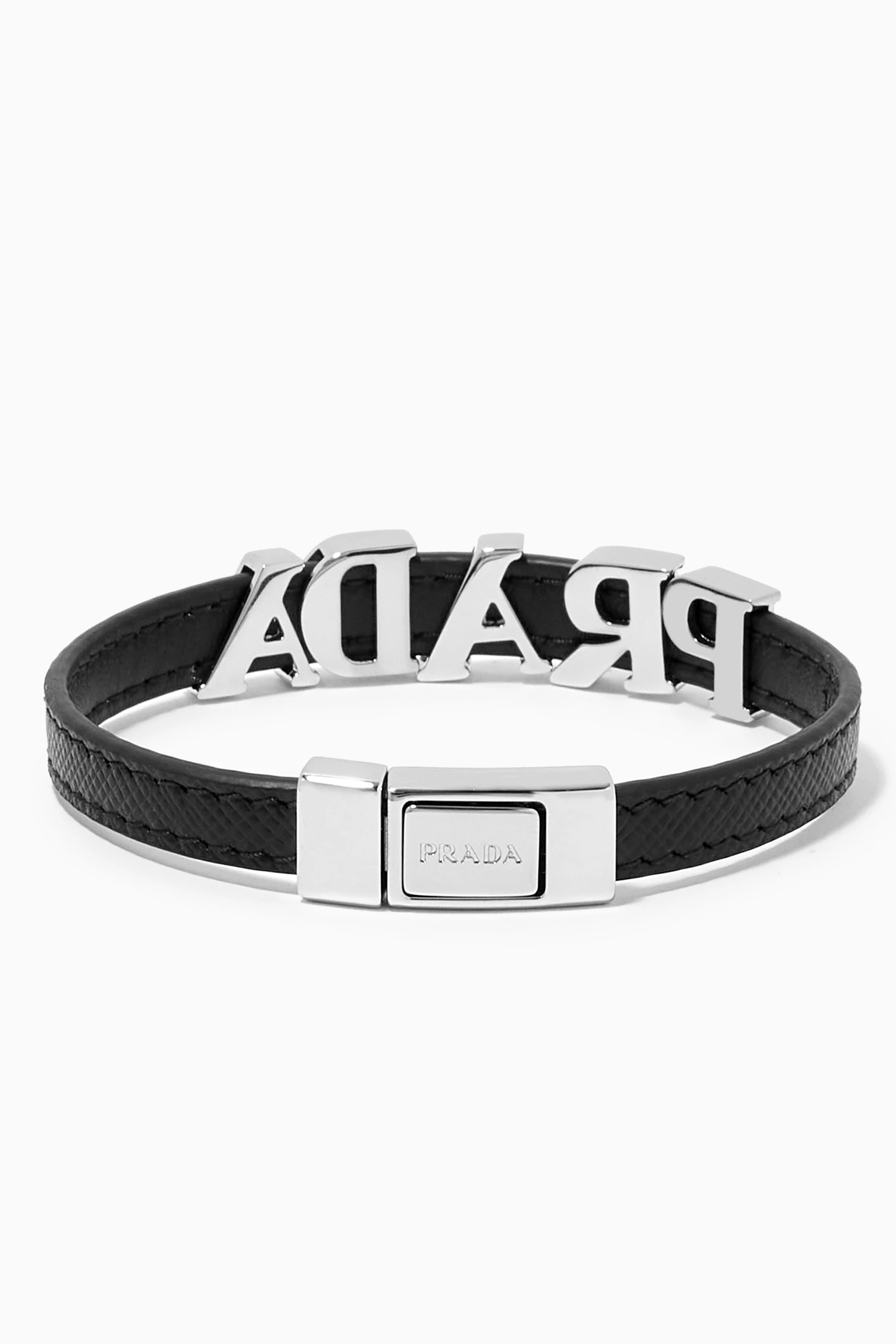 Shop Prada Black Logo Lettering Bracelet in Saffiano Leather for MEN |  Ounass Bahrain