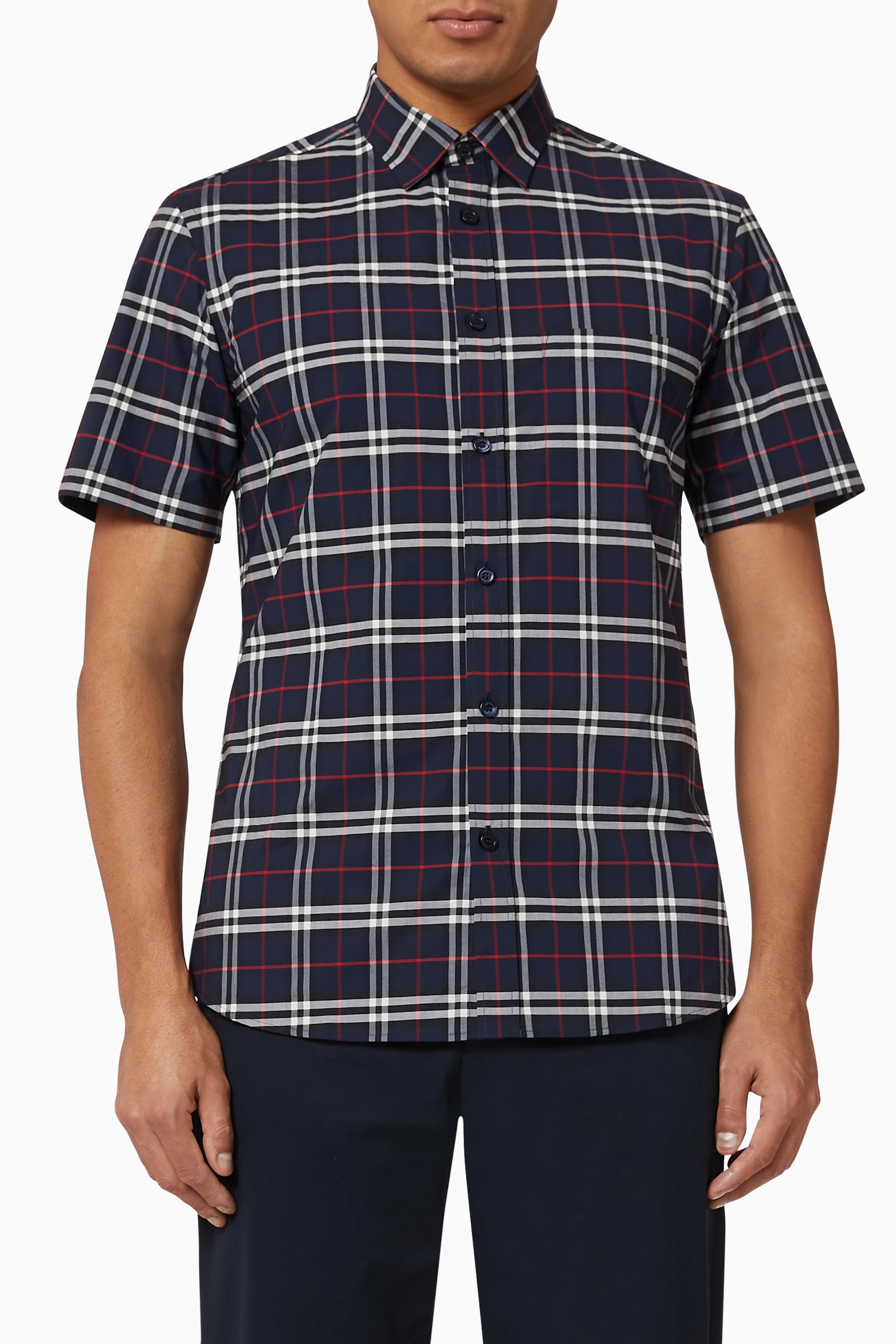 Buy Burberry Blue Small Scale Check Stretch Cotton Shirt for Men