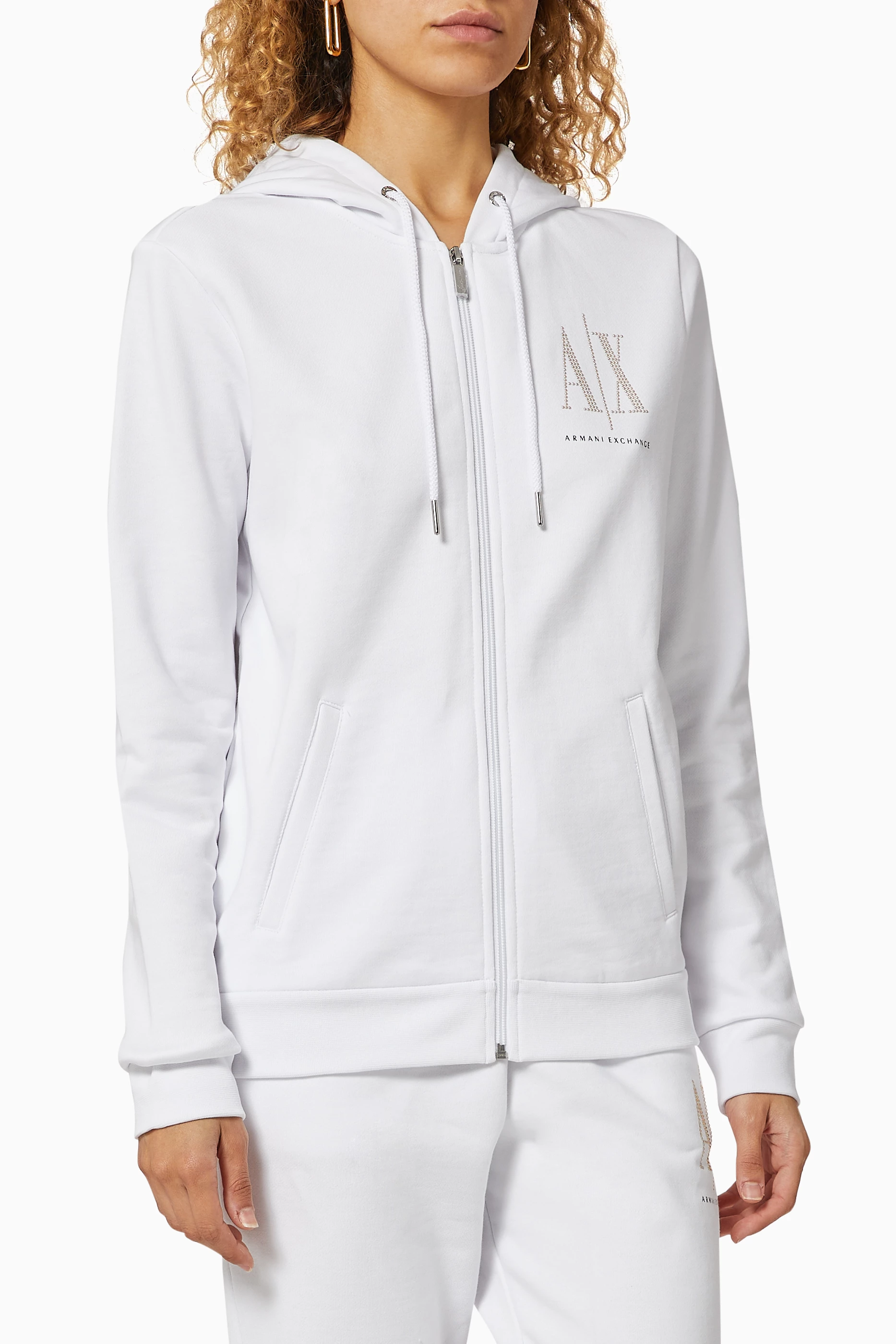 Buy Armani Exchange White Icon Logo Cotton Zip Hoodie for Women in