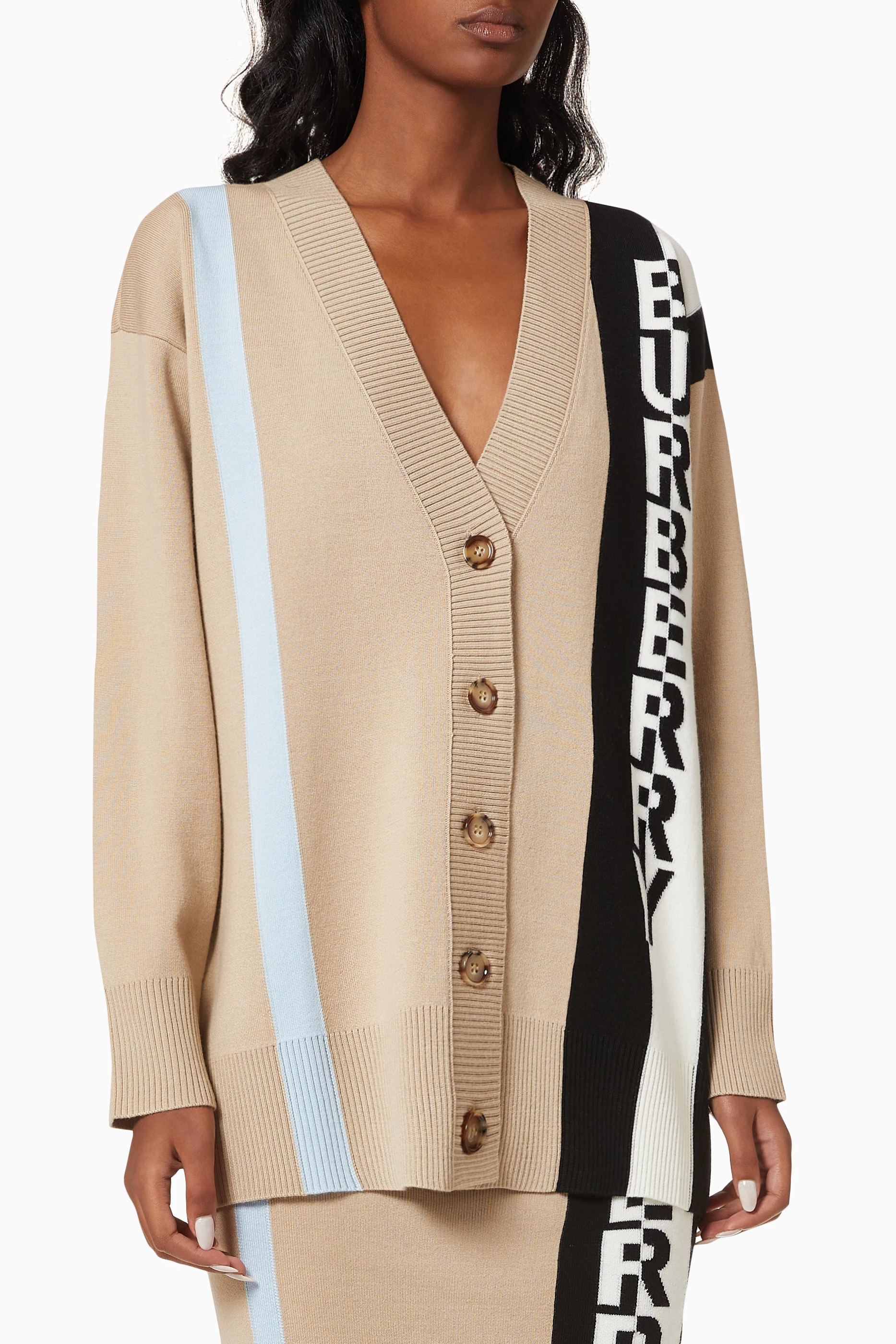 Buy Burberry Neutral Cardigan with Logo Jacquard in Merino Wool
