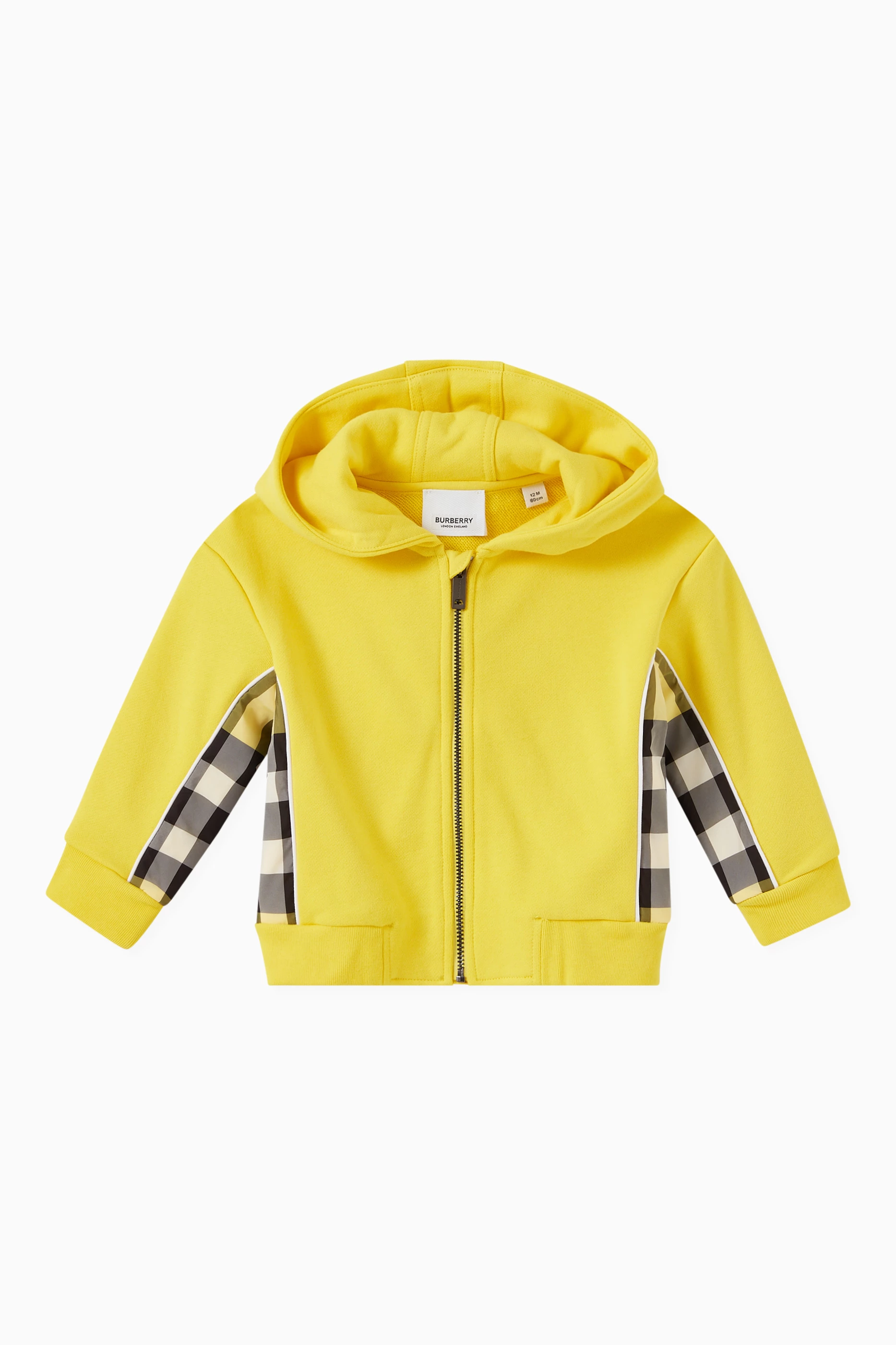 Buy Burberry Yellow Check Panel Graham Hoodie in Cotton for Baby