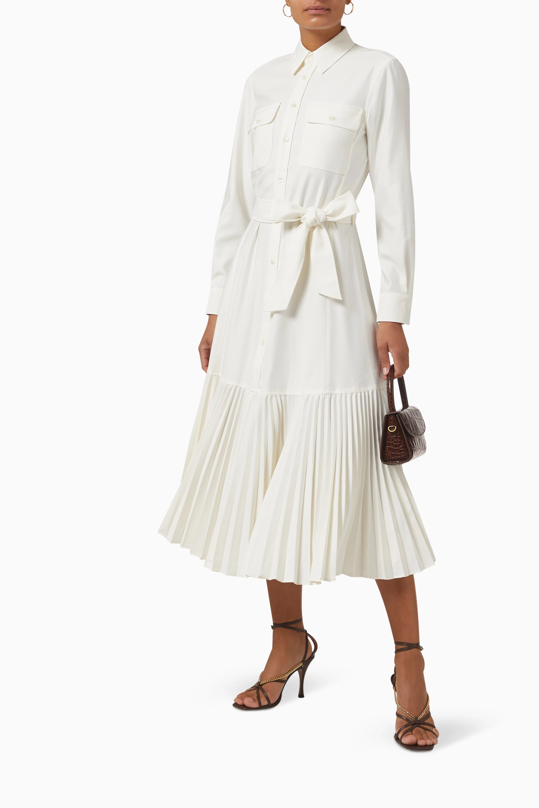 Shop Polo Ralph Lauren Neutral Pleated Midi Shirt Dress in Viscose-blend  for WOMEN | Ounass Bahrain