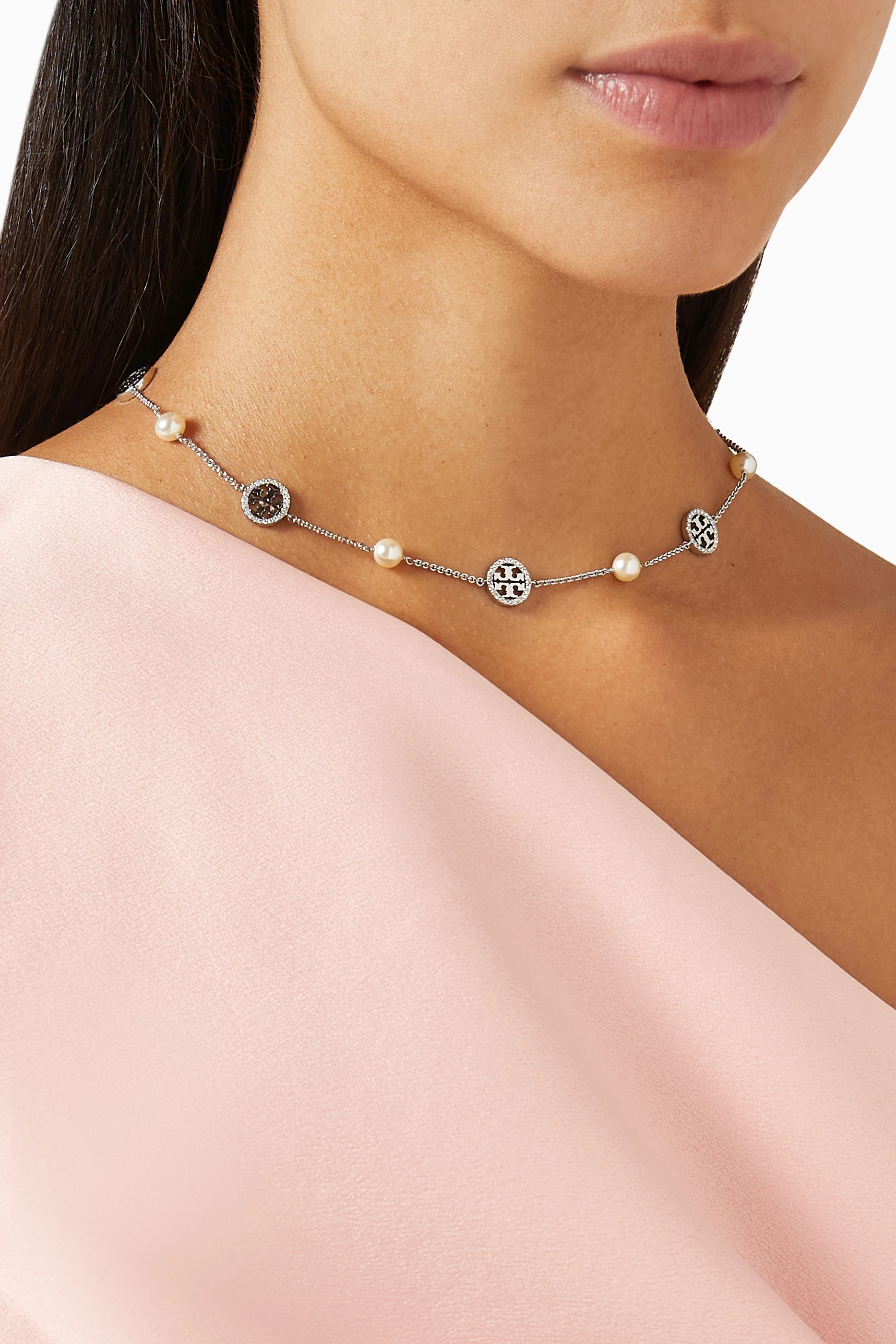 Shop Tory Burch Silver Crystal Pearl Logo Necklace for WOMEN | Ounass  Bahrain