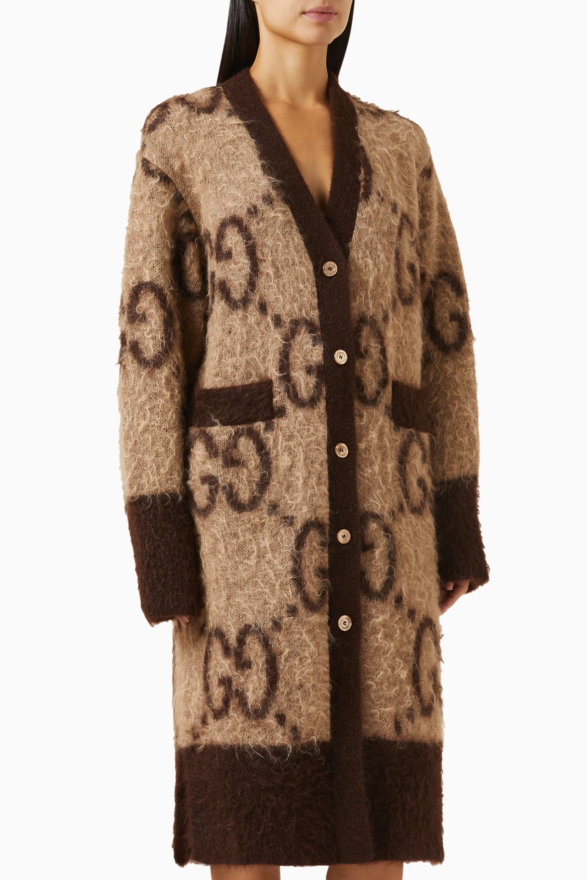 Buy Gucci Brown Long Cardigan in GG Mohair Wool for Women in