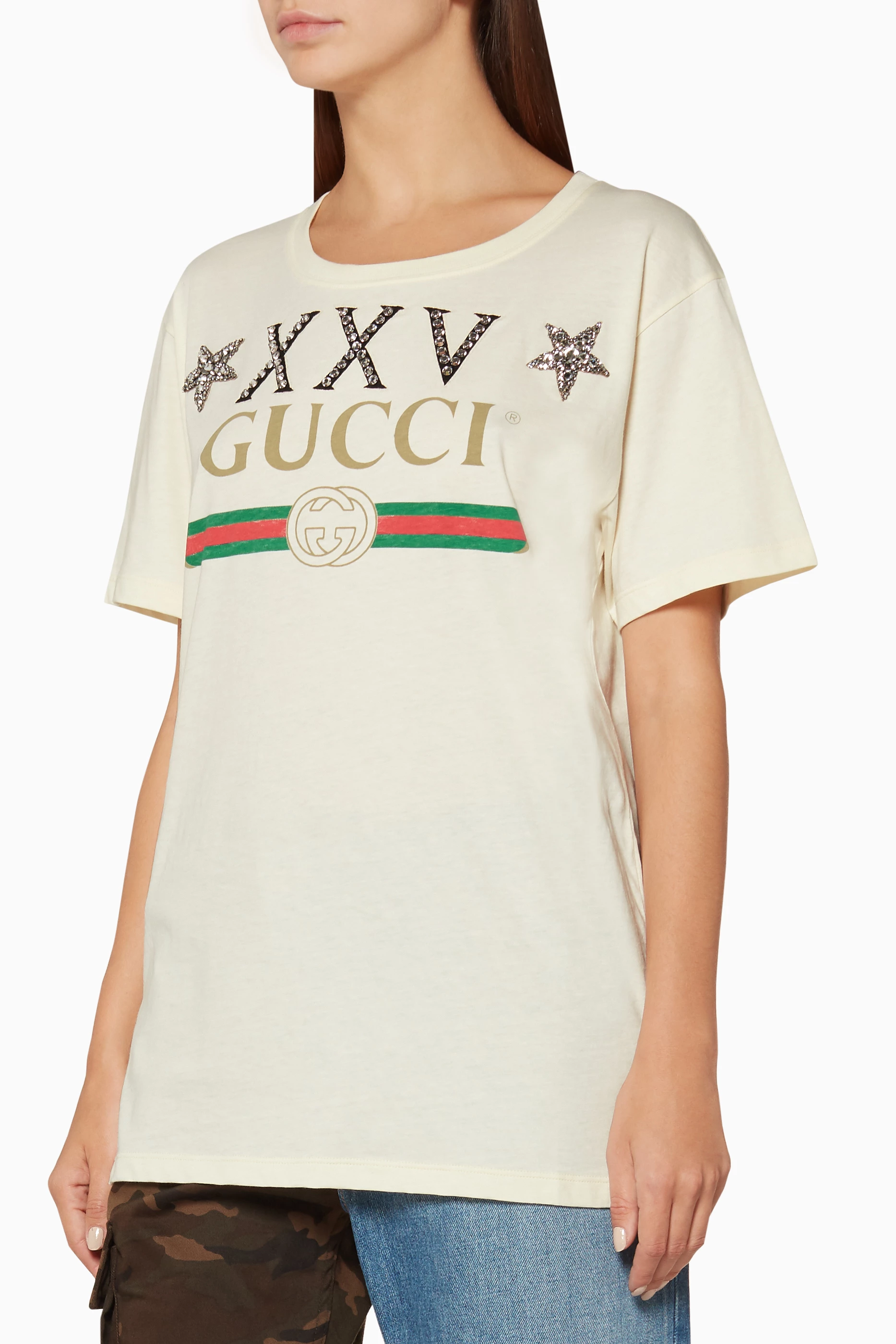 Buy Gucci Neutral Off White Logo Stars Oversize T Shirt For Women Online Ounass Bahrain