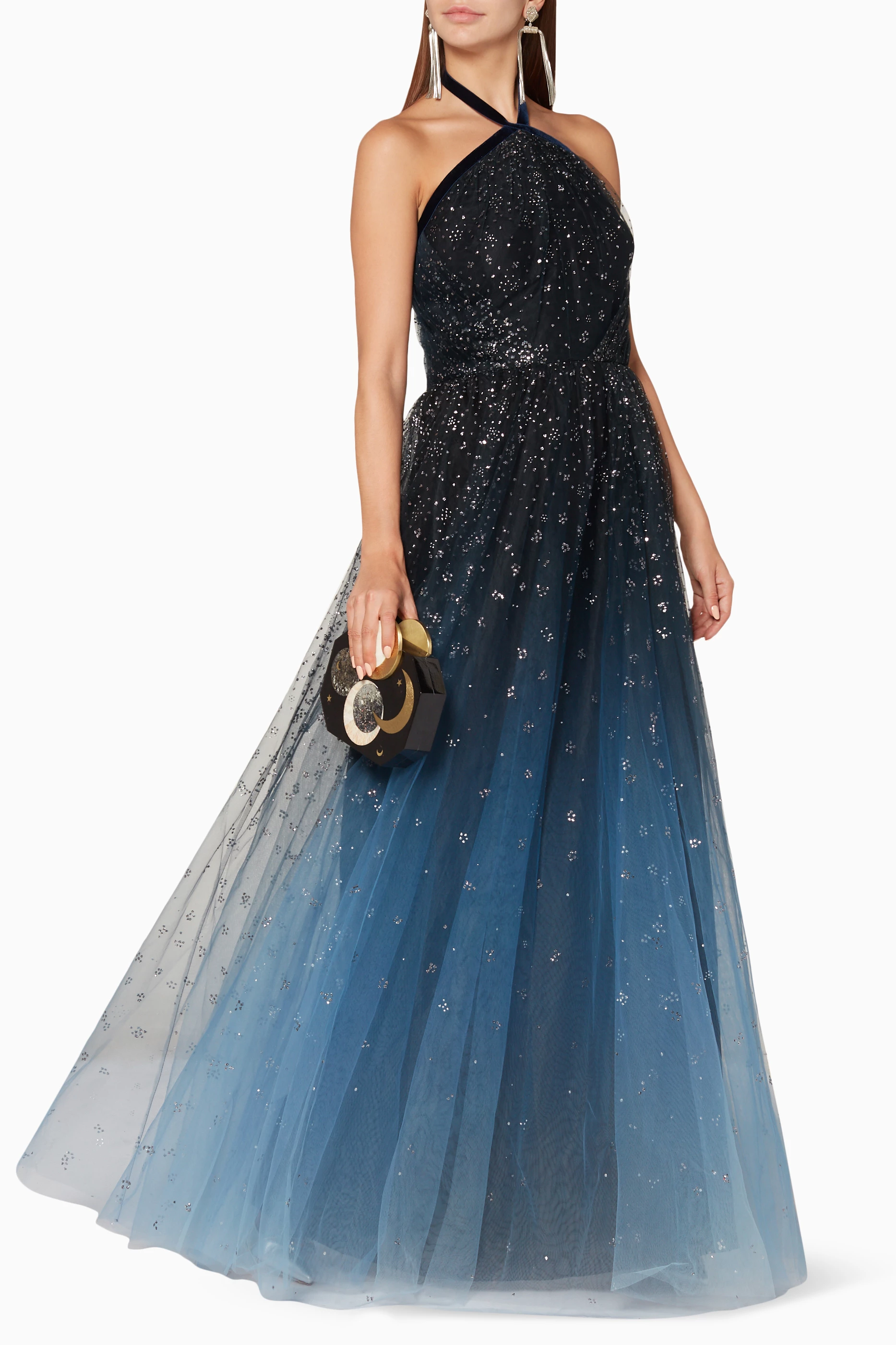 Marchesa notte ombré glitter tulle halter gown clearance
