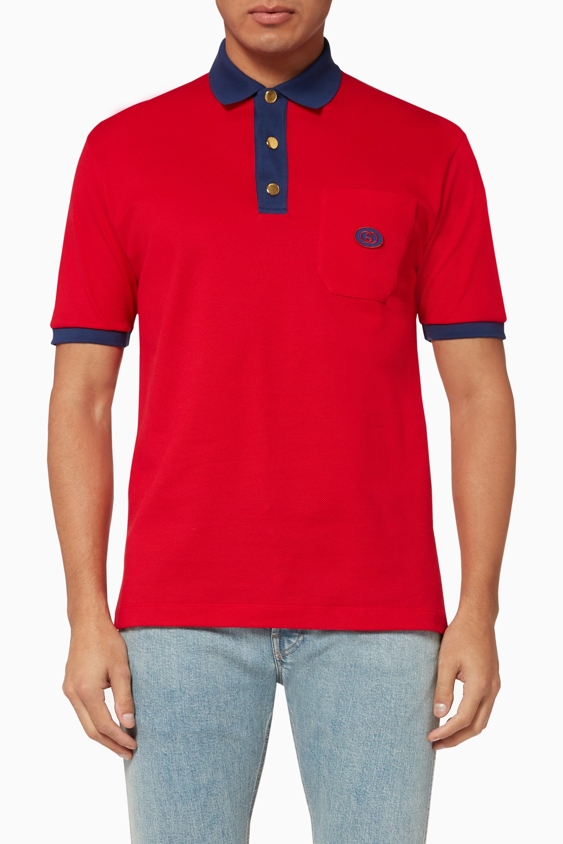 Buy Gucci Red Interlocking G Patch Cotton Polo Shirt For Men