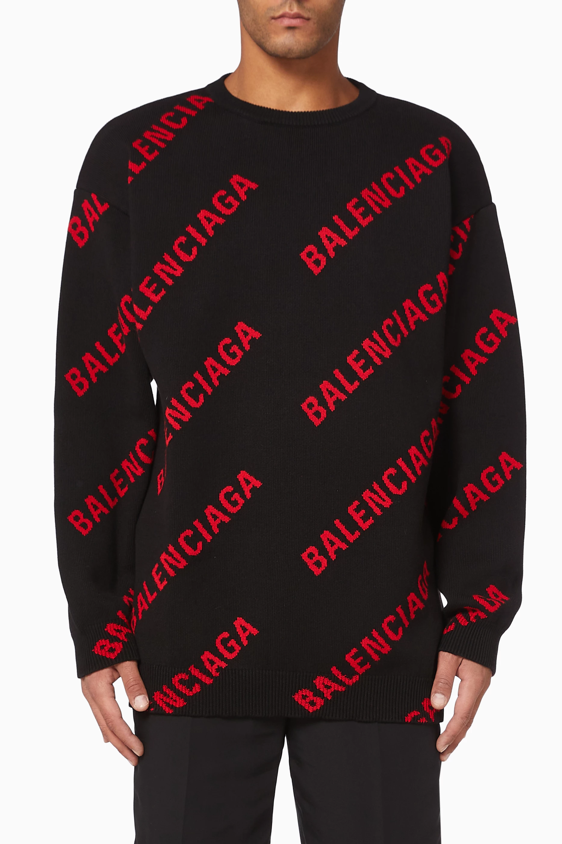 Buy Balenciaga Black Allover Logo Crewneck Sweater in Cotton Knit For Men Online Ounass Bahrain