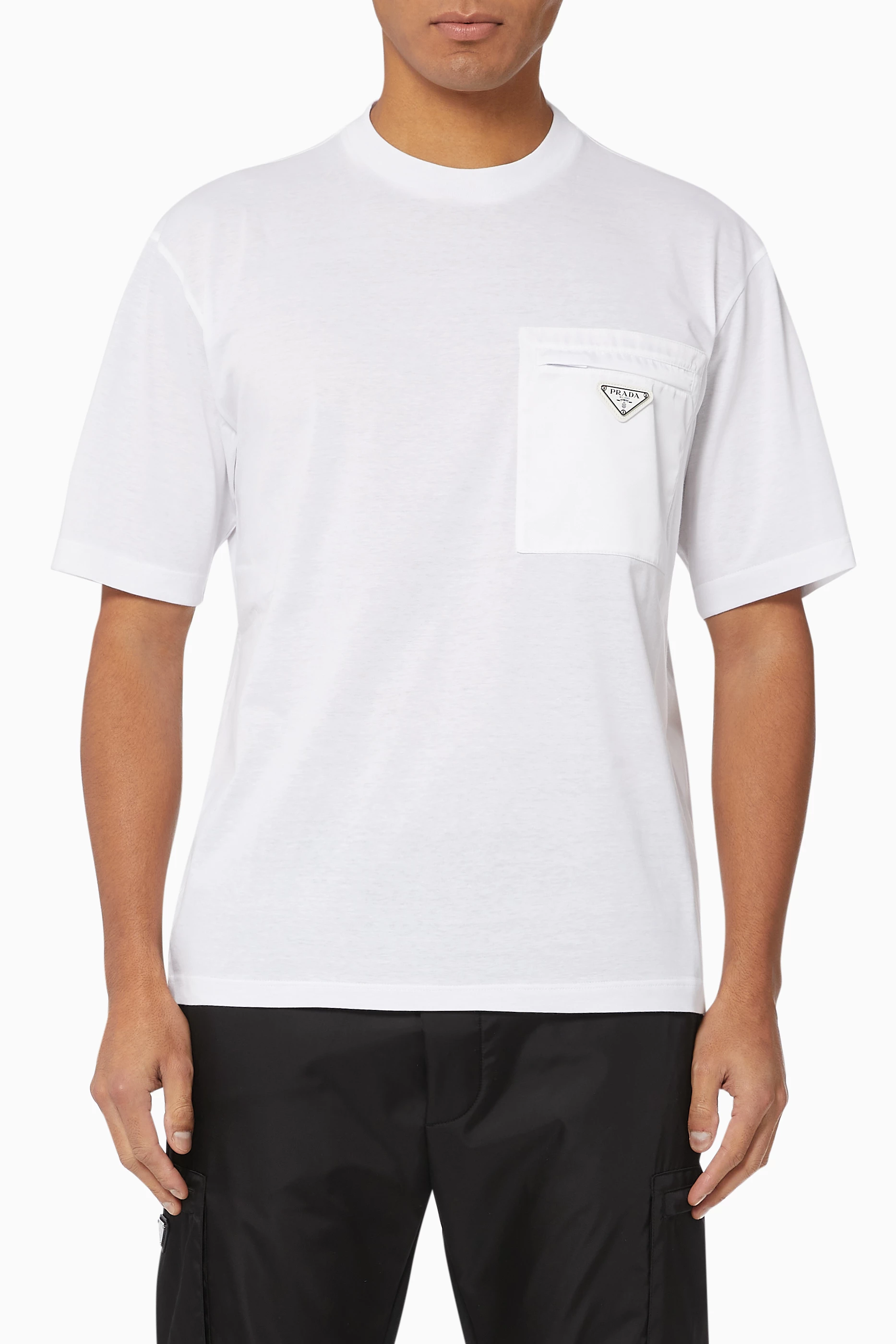 Buy Prada White Triangle Logo Nylon Pocket T Shirt For Men Online Ounass Bahrain