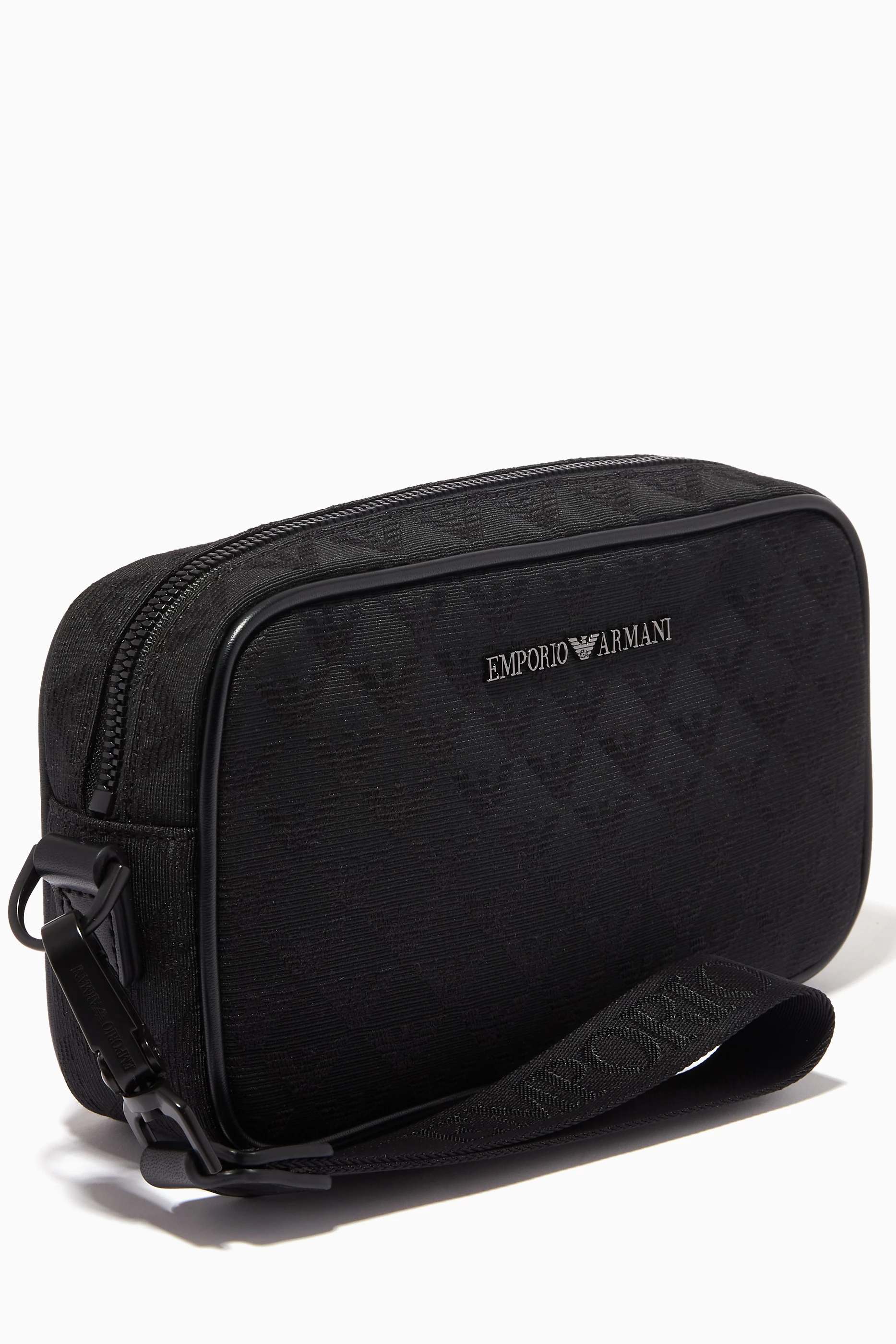 Buy Emporio Armani Black EA Monogram Wash Bag in Nylon Jacquard For Men Online Ounass Bahrain