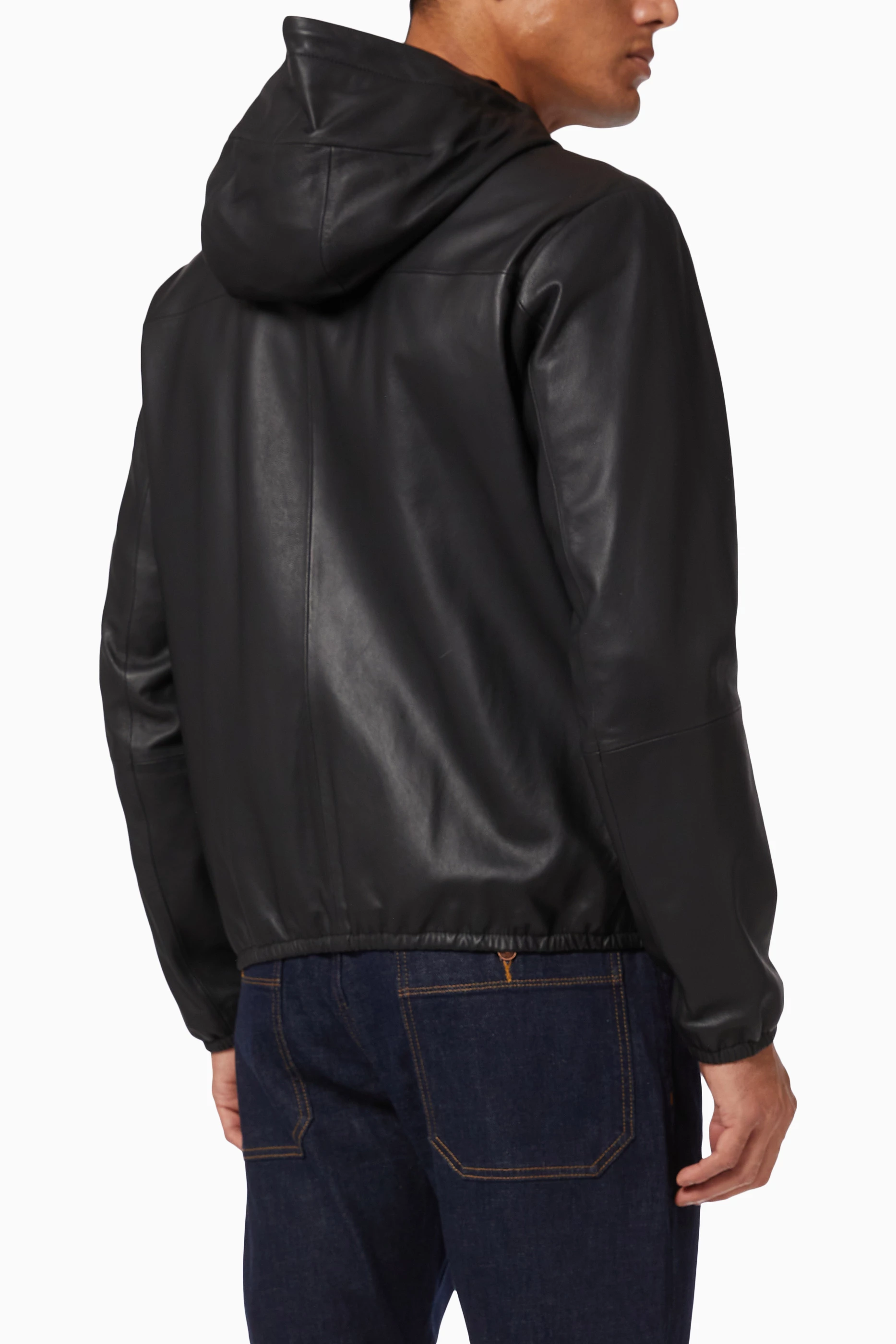 Buy Emporio Armani Black Essential Capsule Collection Hooded Zip up Jacket in Leather For Men Online Ounass Bahrain