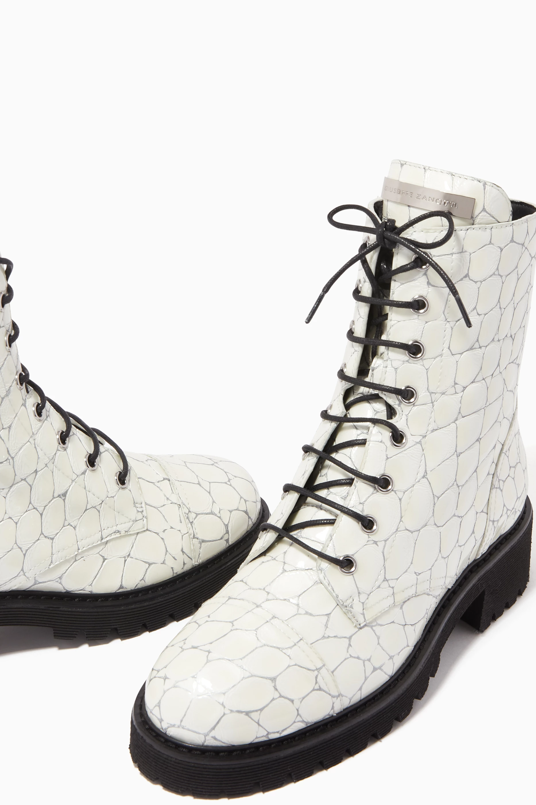 Buy Giuseppe Zanotti Neutral Thora 45 Combat Boots in Croc embossed Patent Leather For Women Online Ounass Bahrain