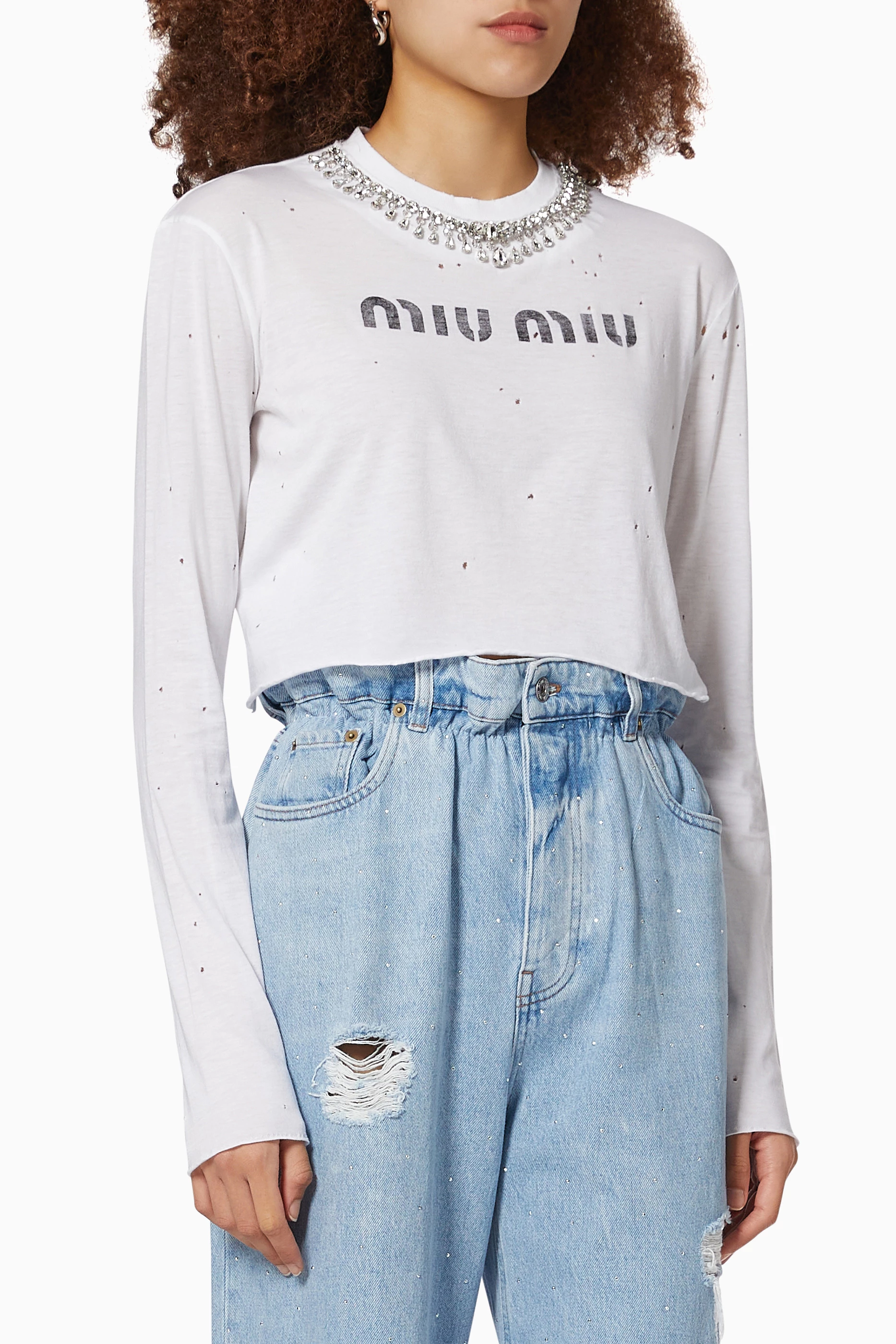 ★MiuMiu★ Embroidered Crop Cotton T-Shirt White Crystal MJN ☆MiuMiu☆ Embroidered Crop Cotton T-Shirt White Crystal MJN