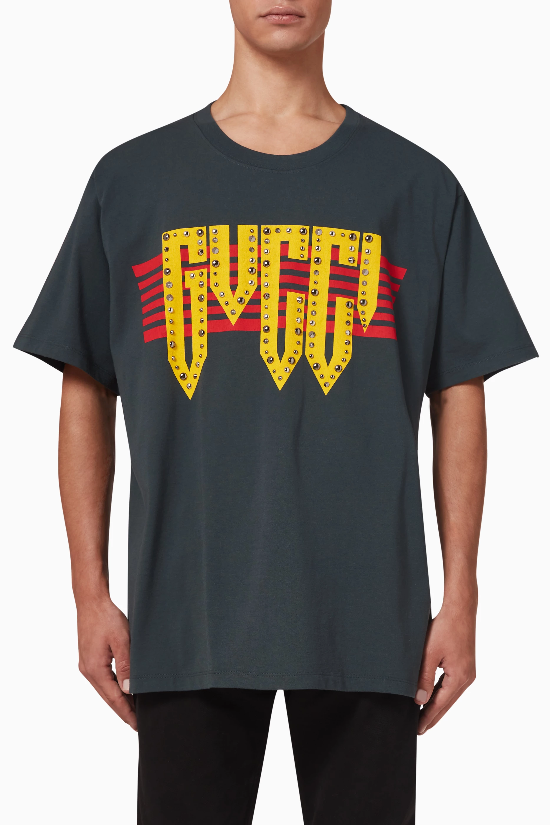 Buy Gucci Black Rock Studded Logo print T shirt in Cotton jersey For Men Online Ounass Bahrain
