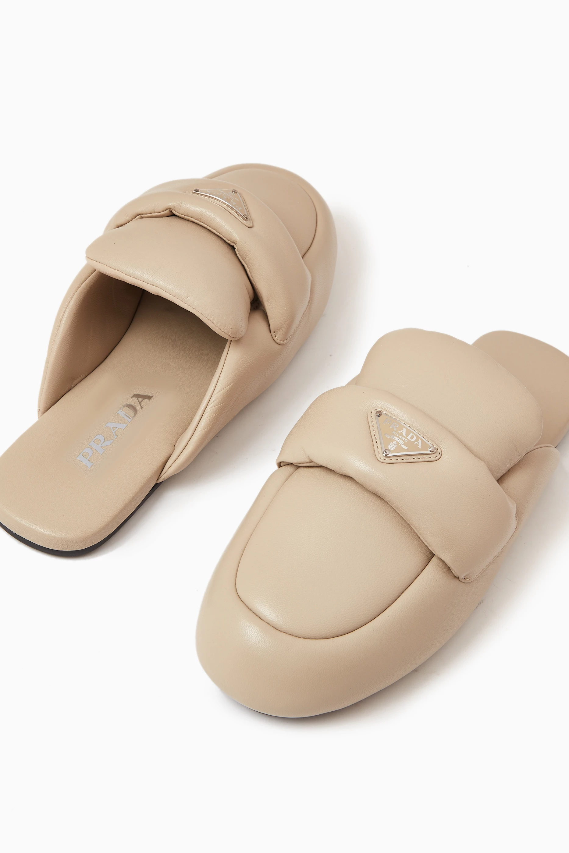 Buy Prada Neutral Pantofole Padded Slippers in Nappa Leather For