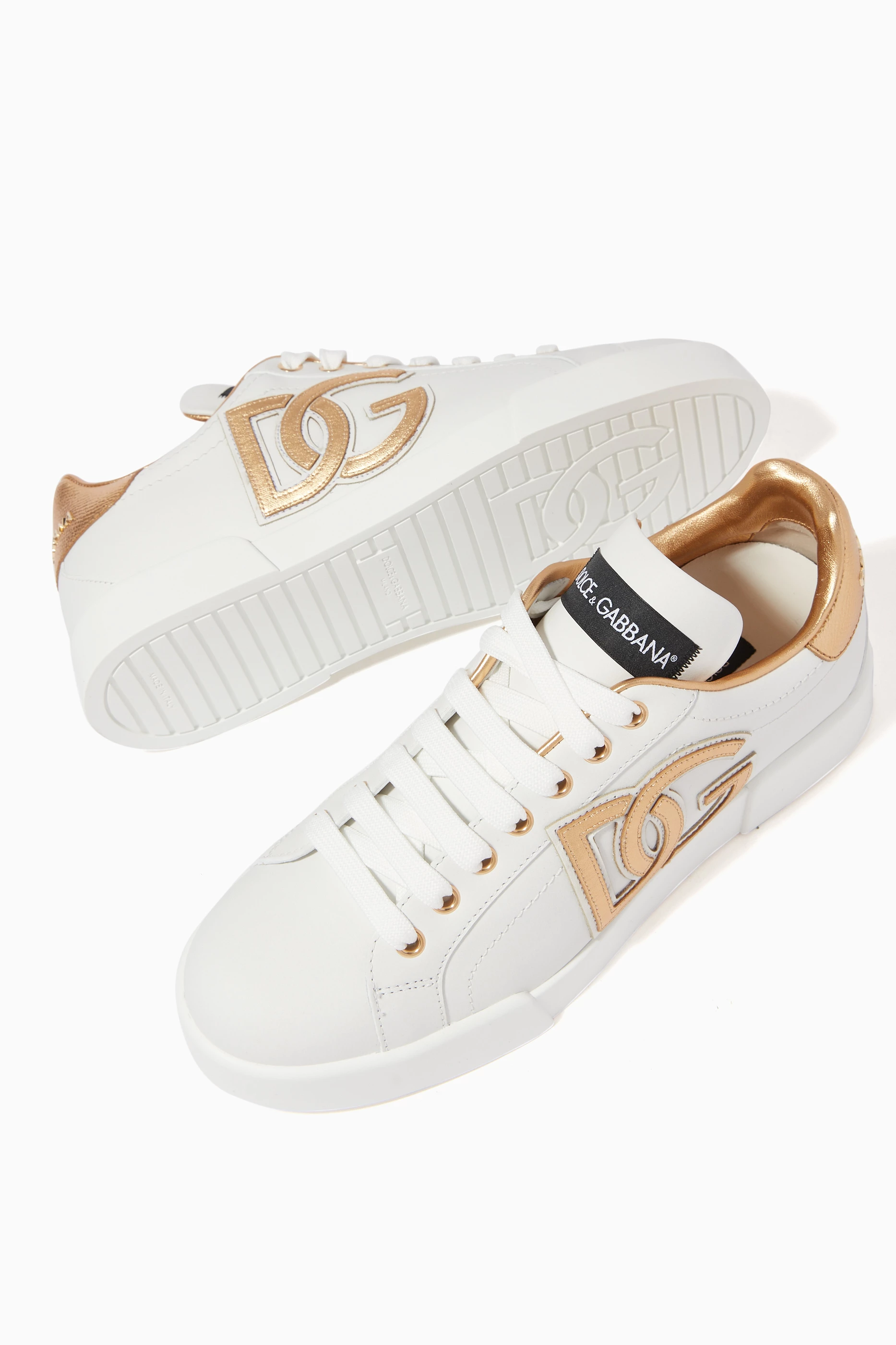 Buy Dolce Gabbana Gold Portofino DG Sneakers in Leather For Women Online Ounass Bahrain
