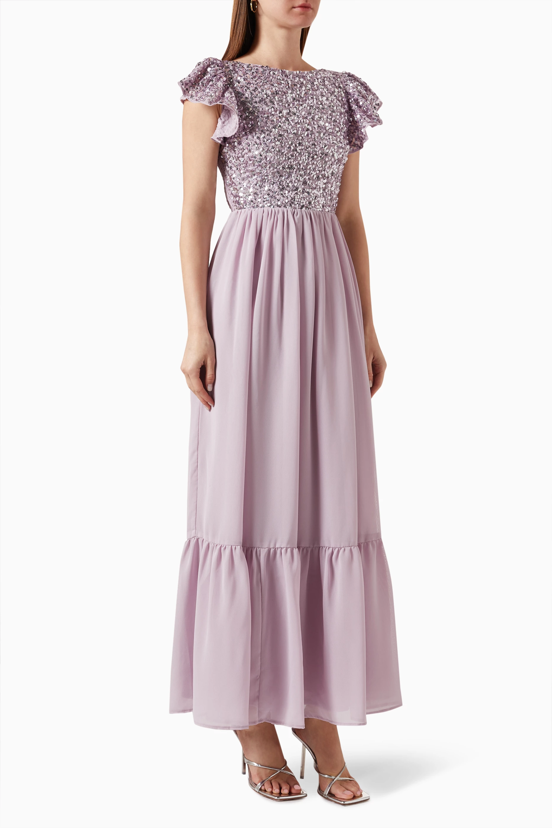 Buy Maya Purple Flutter sleeve Embellished Maxi Dress For Women Online Ounass Bahrain