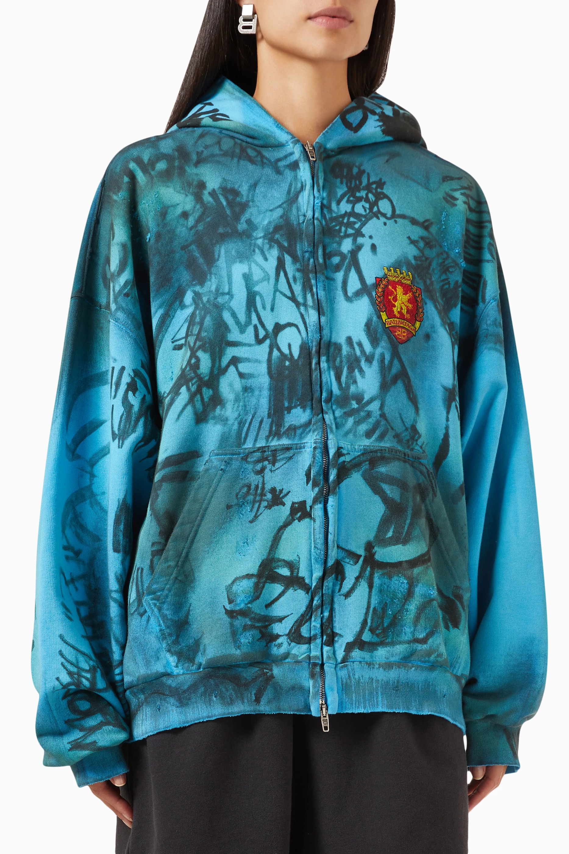 Buy Balenciaga Blue Skater Medium Fit Zip up Hoodie in Curly Fleece For UNISEX Online Ounass Bahrain