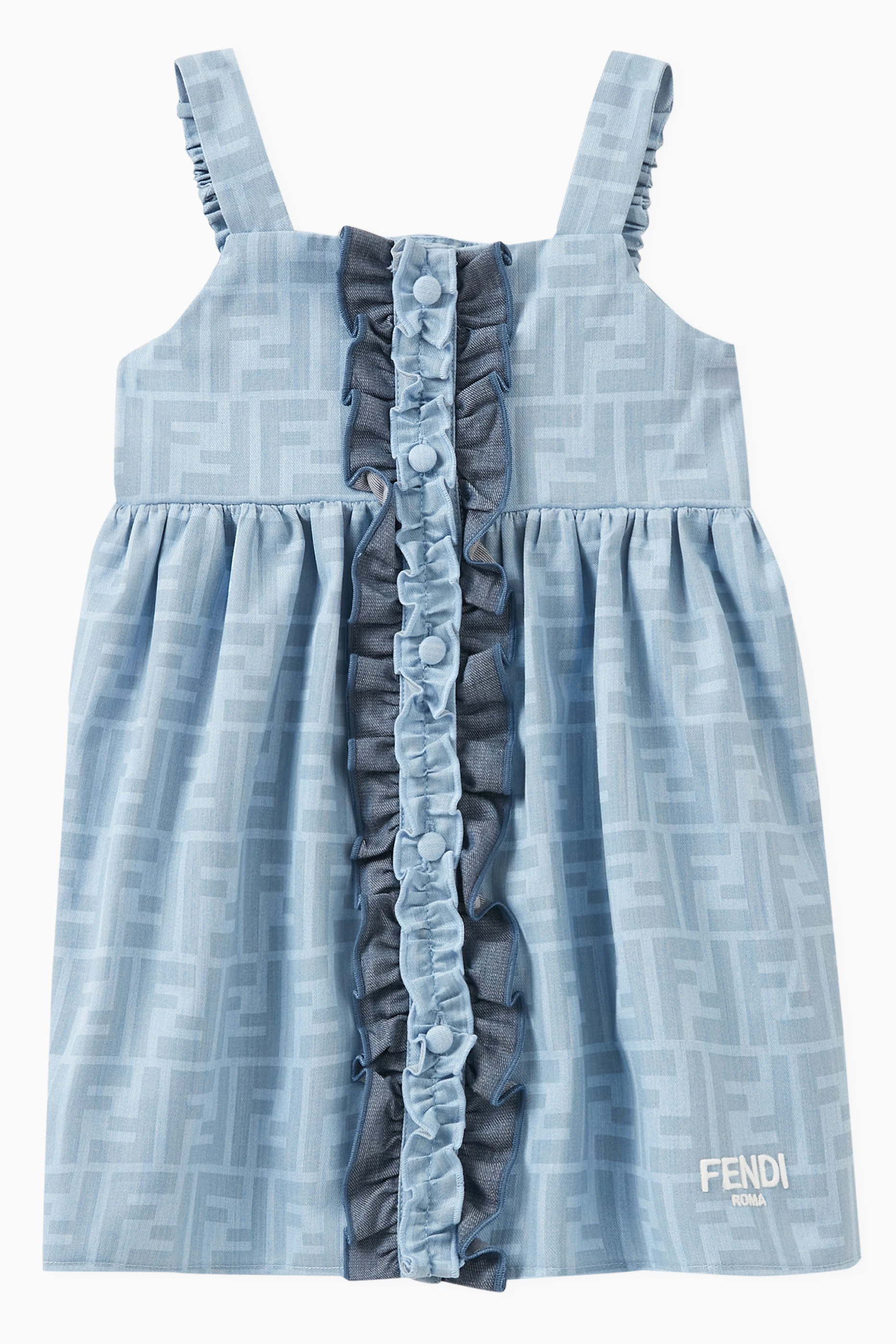 Buy Fendi Blue Ruffled Logo print Dress in Cotton Chambray For Baby Girls Online Ounass Bahrain