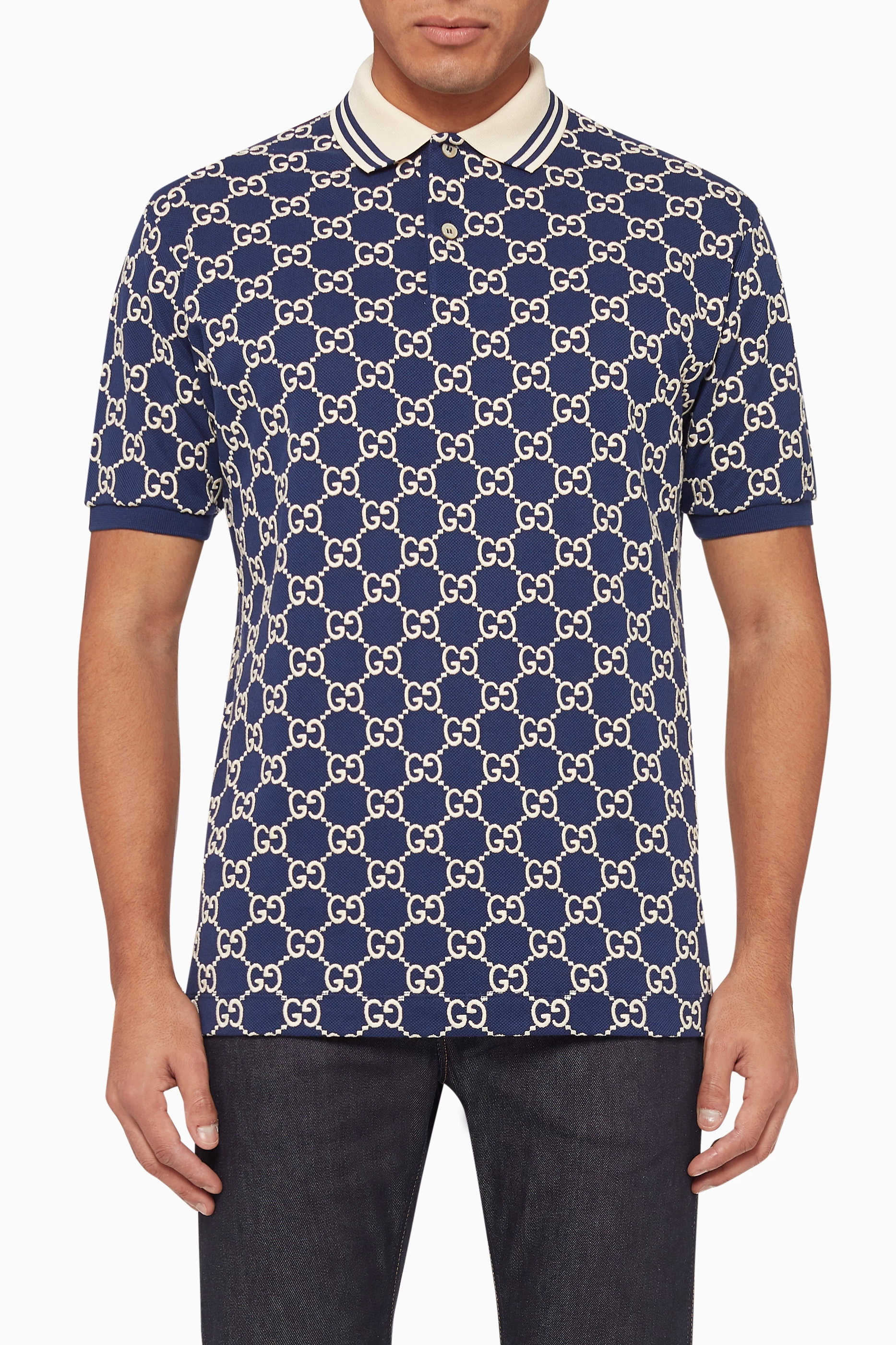 Buy Gucci Blue GG Logo All over Polo Shirt in Stretch Cotton For Men Online Ounass Bahrain