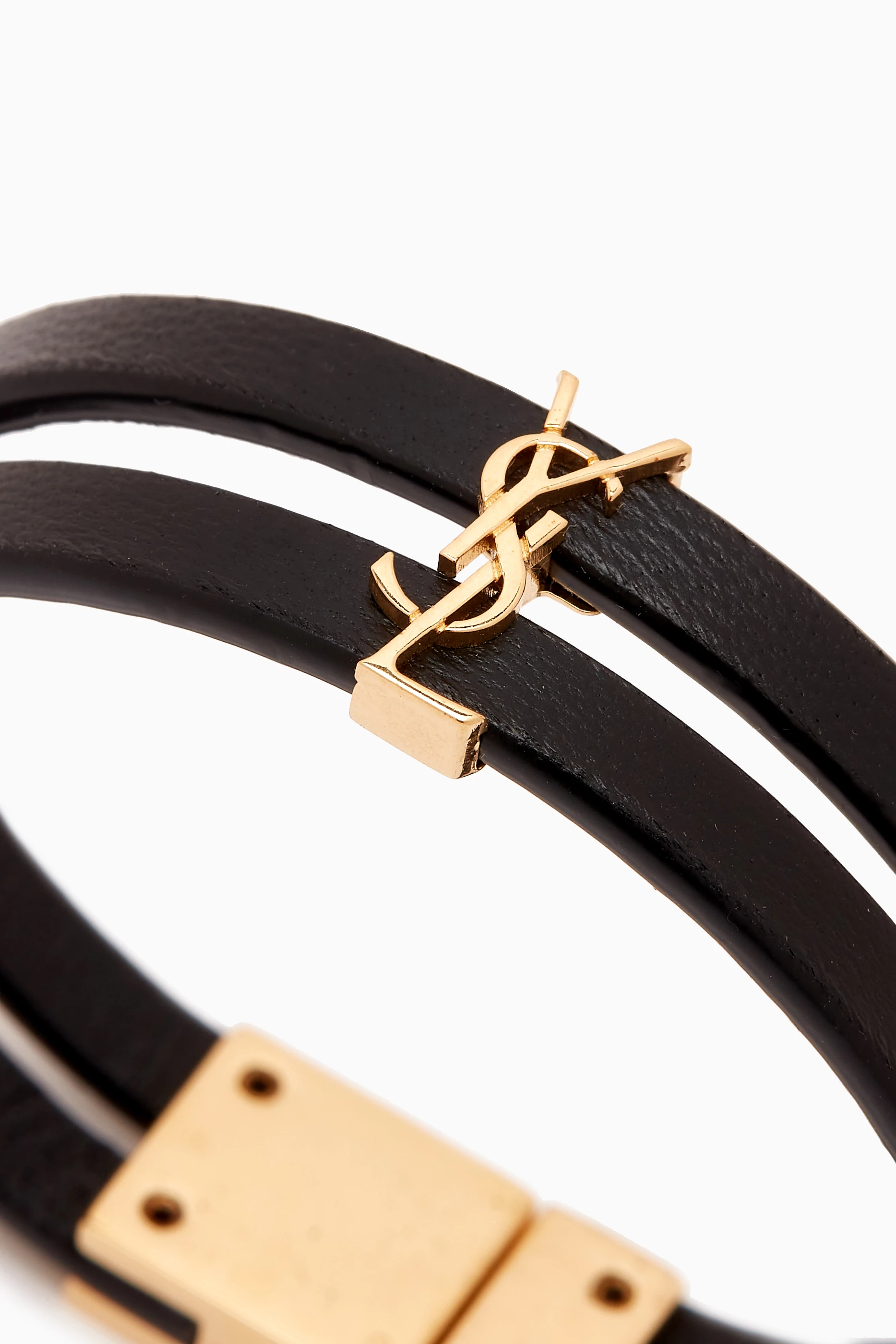 【Saint Laurent】CASSANDRE DOUBLE-STRAND BRACELET◆758230BL4 Saint Laurent Cassandre Double-Wrap Bracelet in Leather