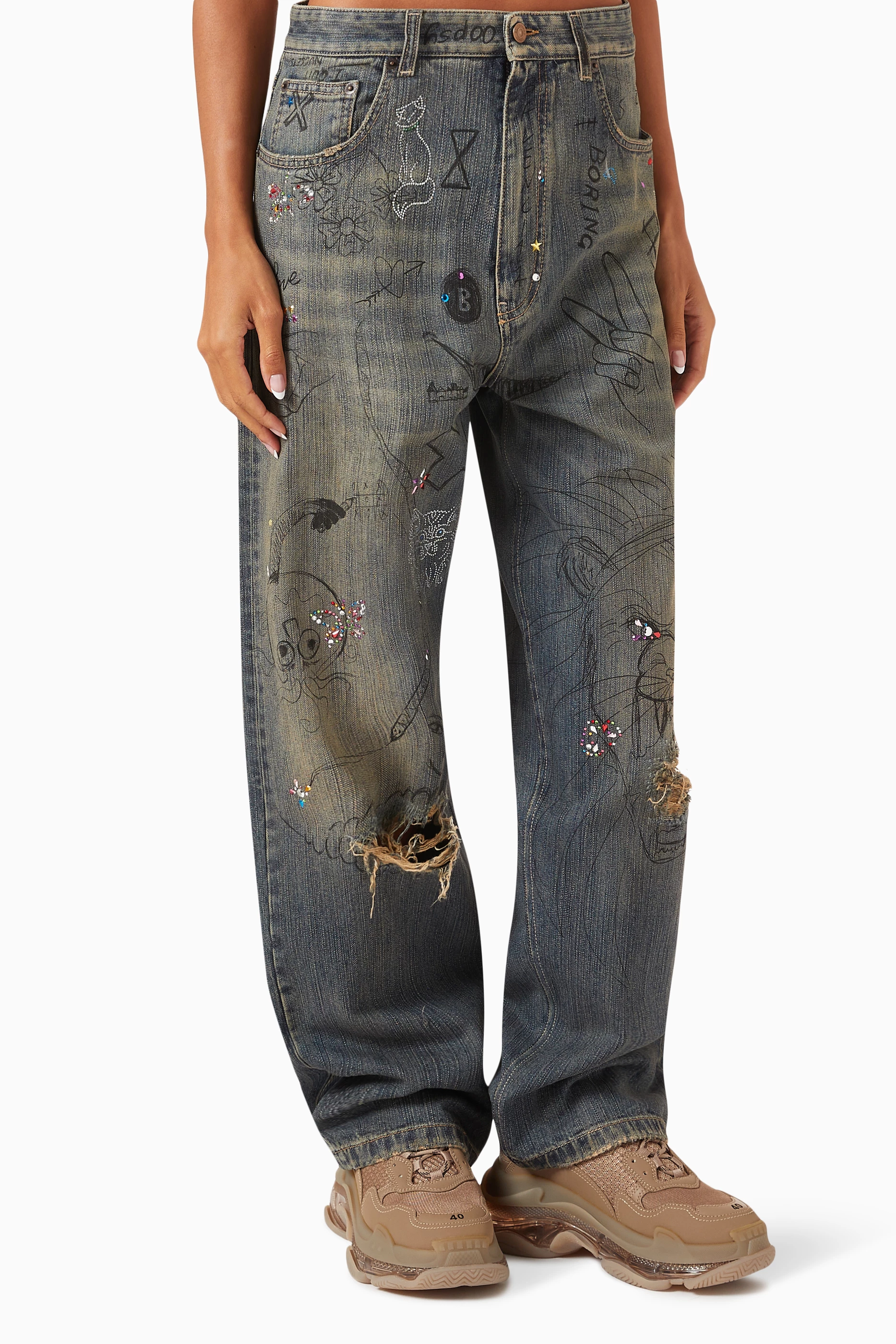 Buy Balenciaga Blue Scribble Medium Fit Pants in Ring Denim with Rhinestones For UNISEX Online Ounass Bahrain