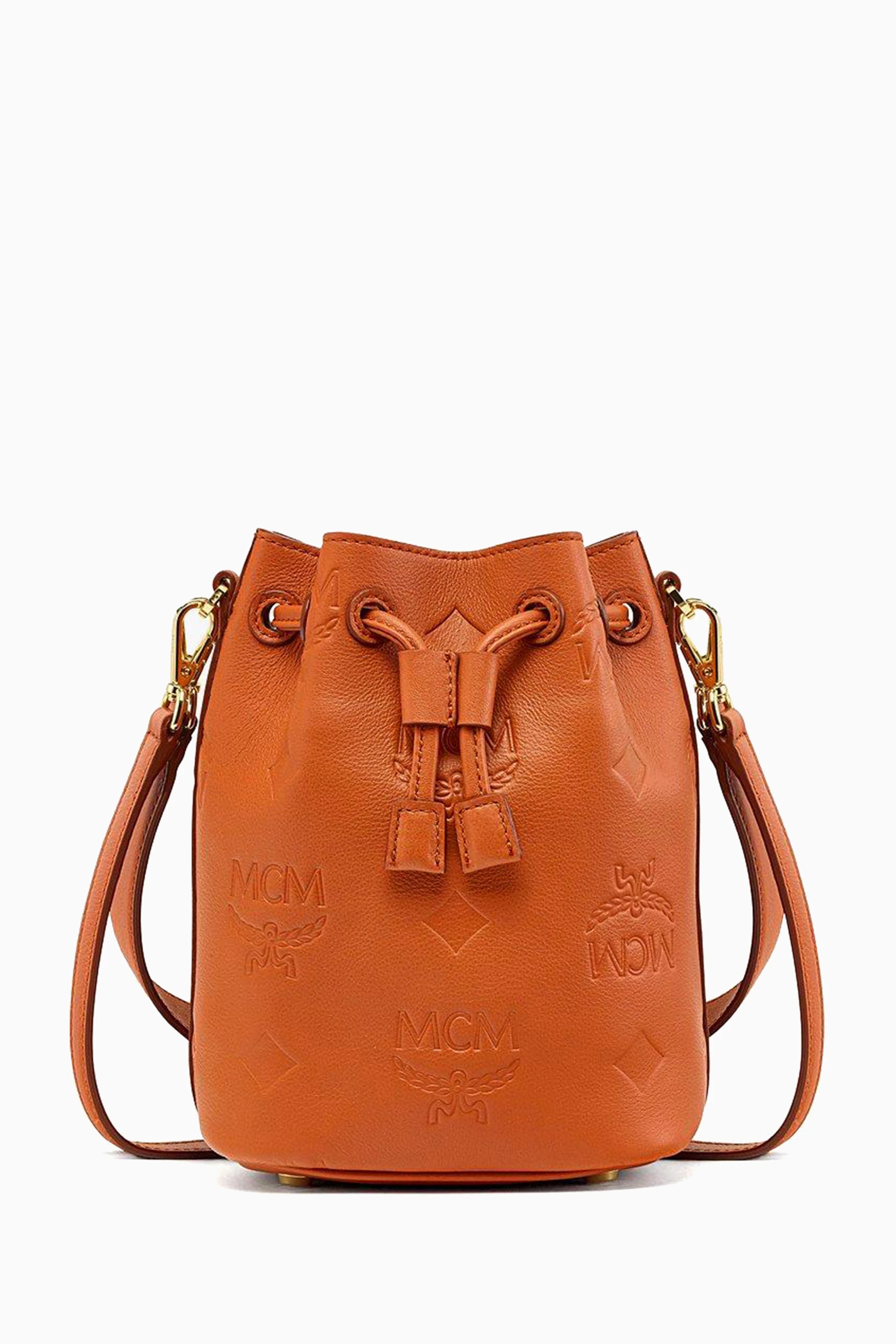 Buy MCM Brown Mini Dessau Drawstring Bucket Bag in Monogram Leather For Women Online Ounass Bahrain